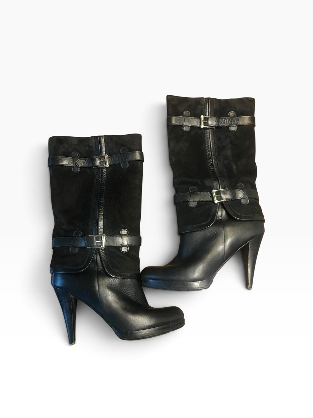 Nike Black Leather/Suade High Heeled Boots with Gold Buckle Straps.
